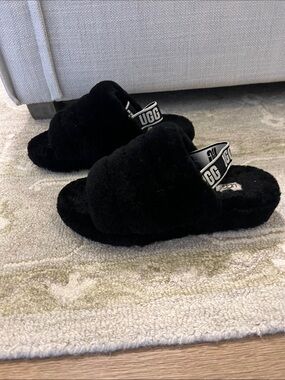 UGG Black Plush Slide Sandals with Branded Heel Strap